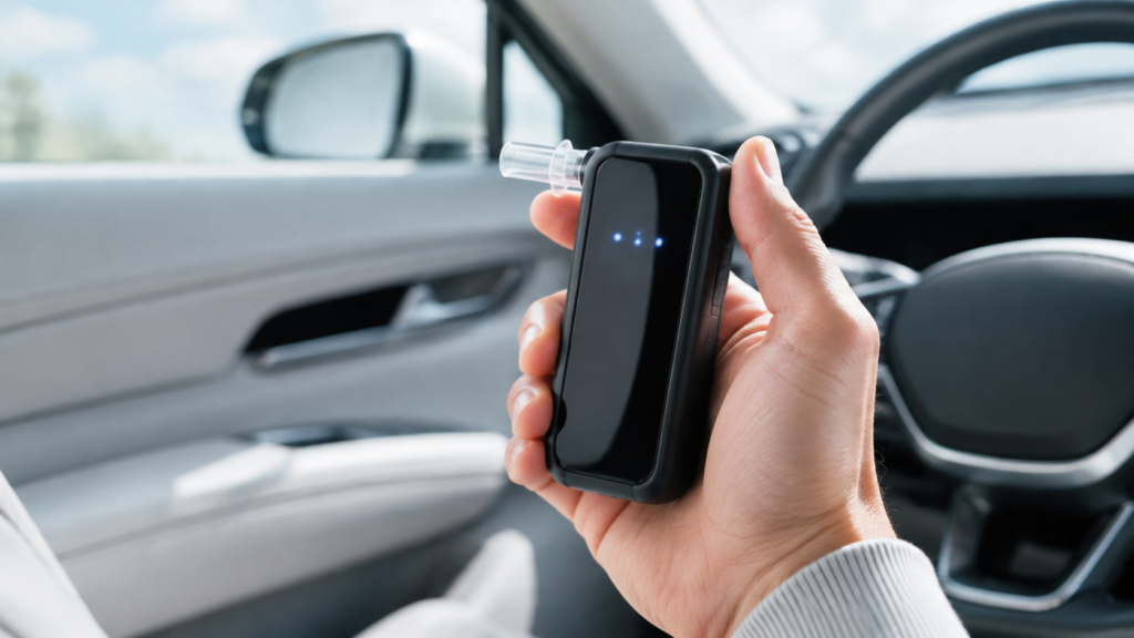 Hand holding a portable breathalyzer in a bright modern car interior