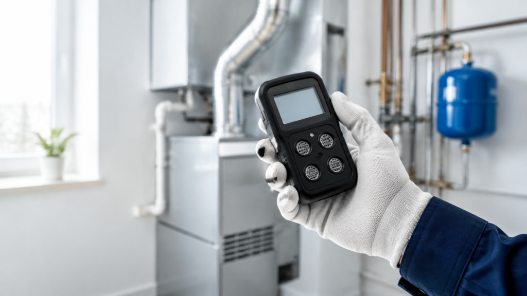 Technician using a portable gas detector in a bright utility room