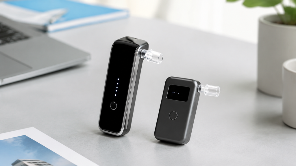 Two portable breathalyzers compared side by side on a bright desk