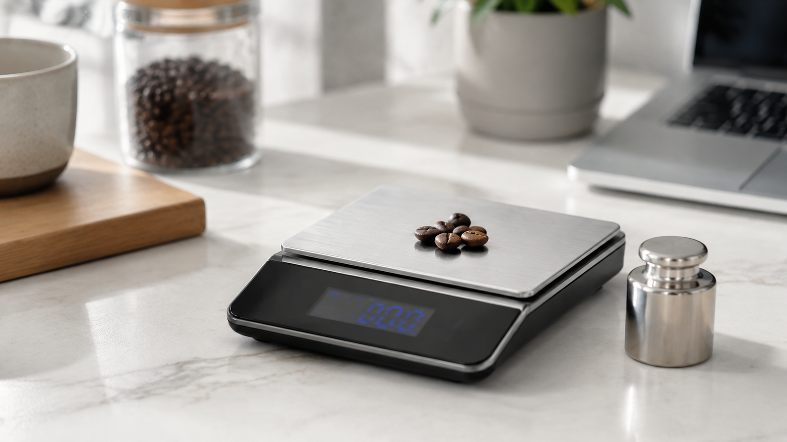 Precision digital scale with calibration weight and coffee beans on a clean countertop